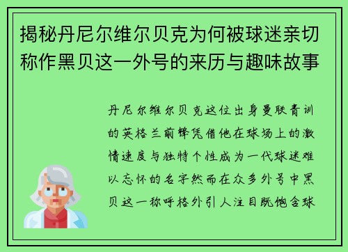 揭秘丹尼尔维尔贝克为何被球迷亲切称作黑贝这一外号的来历与趣味故事